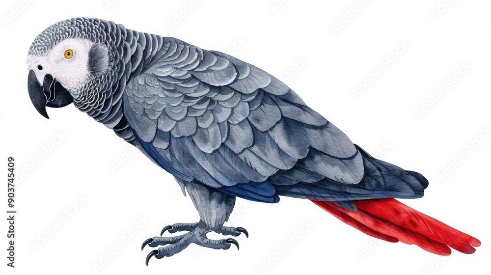 Obraz premium Captivating watercolor showcasing the stunning beauty and vibrant plumage of an African Grey parrot isolated on a clean white background