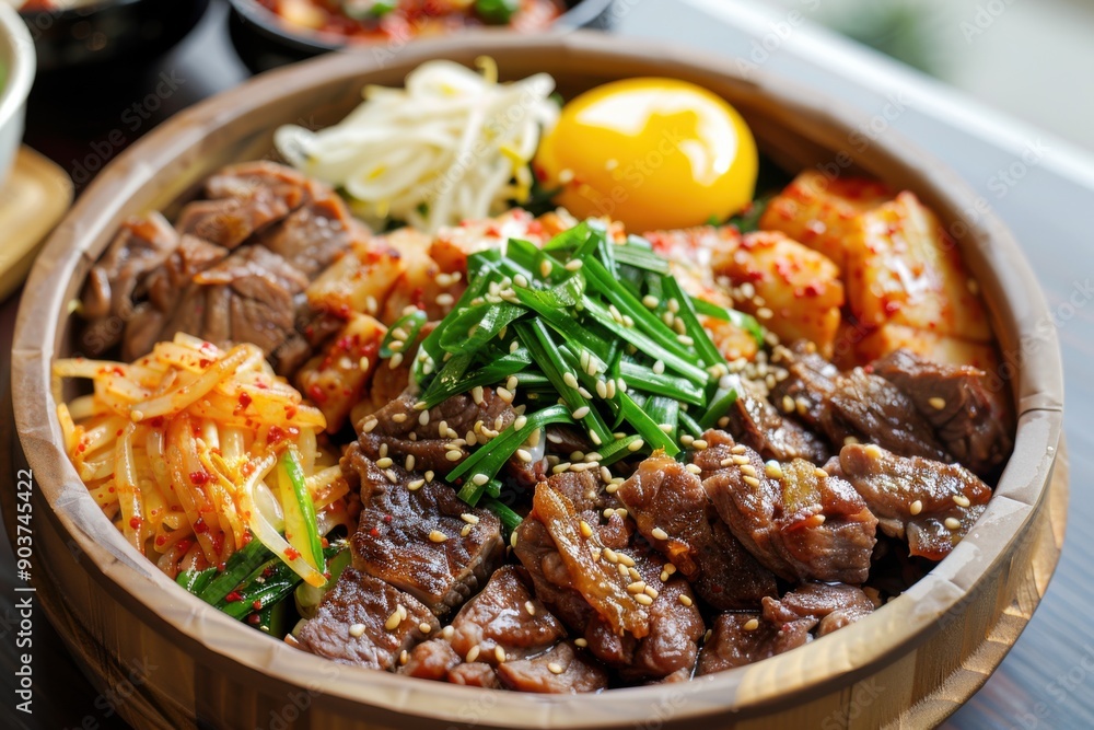 Take Out Korean Food: Delicious Meal with Beef and Pork Meat in Paper Plate Take Out Korean Food: Delicious Meal with Beef and Pork Meat in Paper Plate