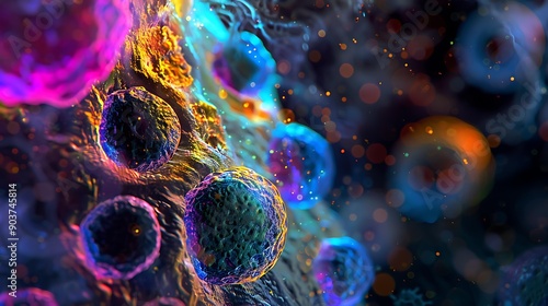 Close-up of stem cells with a mix of vibrant hues, highlighting the complexity and beauty of cellular structures in a lab environment