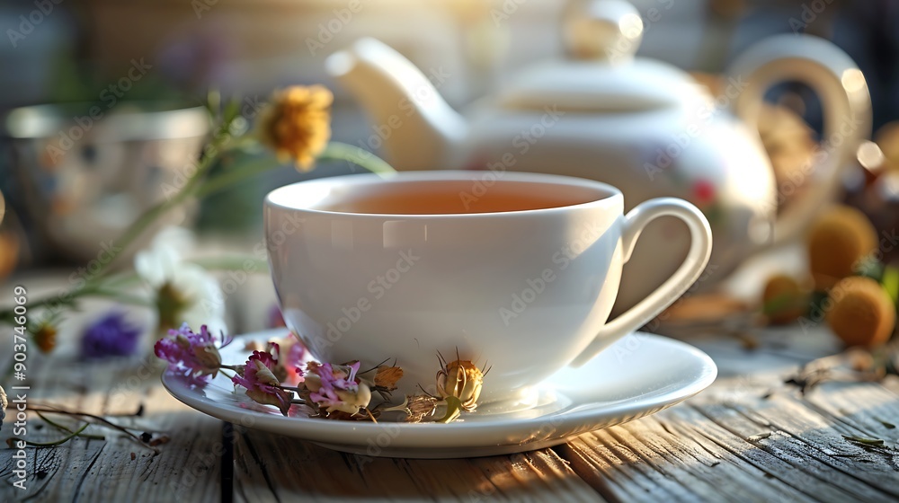 White cup with herbal tea, dried flowers on saucer, wooden table, blurred teapot, stock photo quality. White cup with herbal tea, dried flowers on saucer, wooden table, blurred teapot, stock photo quality.