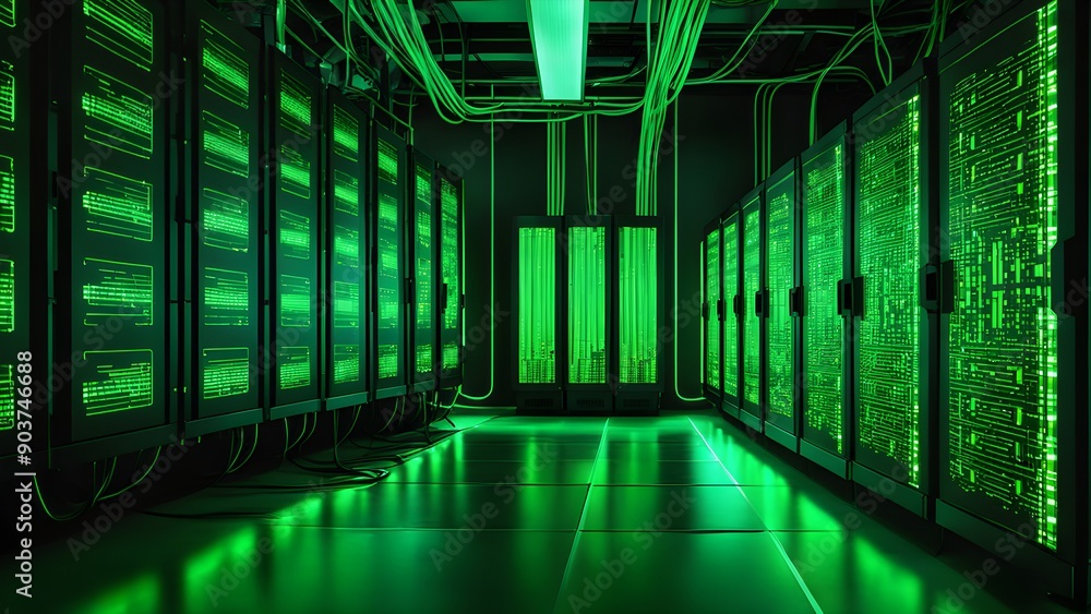 Fototapeta premium A large room with green walls and green computer servers