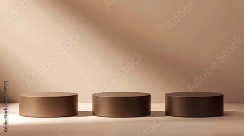 Three Minimalist Red Toned Round Podiums for Product Presentation on Empty Background. Ideal for E-commerce and Advertising Displays, Showcasing Minimalist Style and Elegance