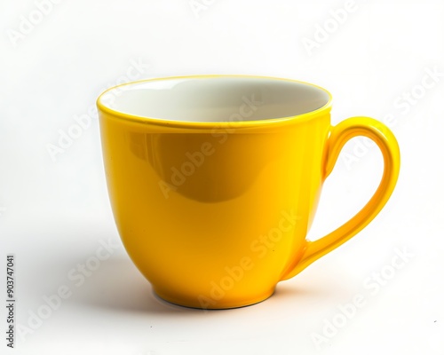 Bright and cheerful yellow coffee cup, set against a stark white backdrop for high contrast.