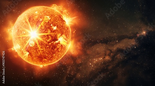 Powerful Sun in space close up. Burning star with plasma emissions in the starry sky. The Sun star in the solar system