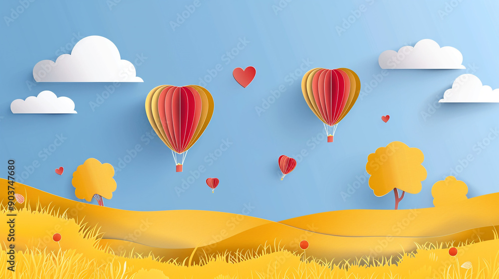 Fototapeta premium Paper cut style of field landscape in the summer time, Paper art spring landscape with blue sky and hot air balloons heart flying.