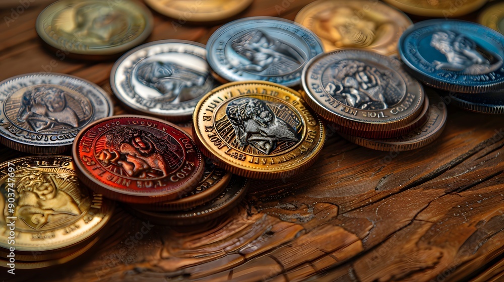 A Collection of Colorful Coins on a Rustic Wooden Surface A Collection of Colorful Coins on a Rustic Wooden Surface