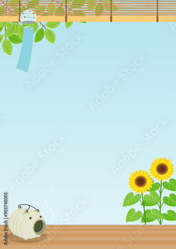 夏をイメージした風鈴とひまわりと蚊取り線香の背景_縦
