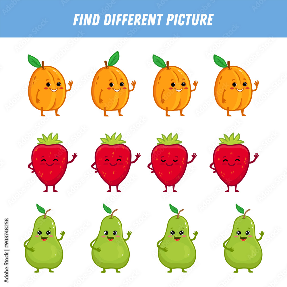 Find different fruit each row. Logical game for kids. Cartoon character. Apricot, strawberry, pear. Flat style. Vector illustration
Find different fruit each row. Logical game for kids. Cartoon character. Apricot, strawberry, pear. Flat style. Vector illustration