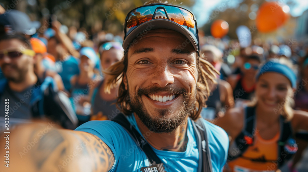 marathon runners taking selfies in the crowd, capturing the excitement and camaraderie of the race day marathon runners taking selfies in the crowd, capturing the excitement and camaraderie of the race day