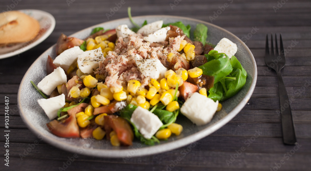 Fish salad with canned tuna and corn, tomatoes and arugula Fish salad with canned tuna and corn, tomatoes and arugula