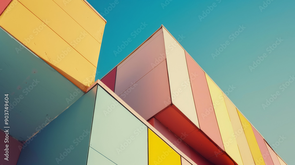 Fototapeta premium Brightly colored geometric buildings with bold rectangular shapes stand against a clear blue sky, giving a modern and playful urban aesthetic.