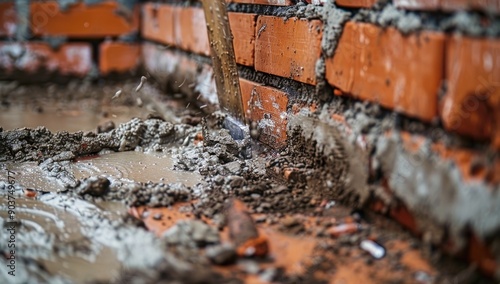 Detailed View of Wet Cement on Bricks