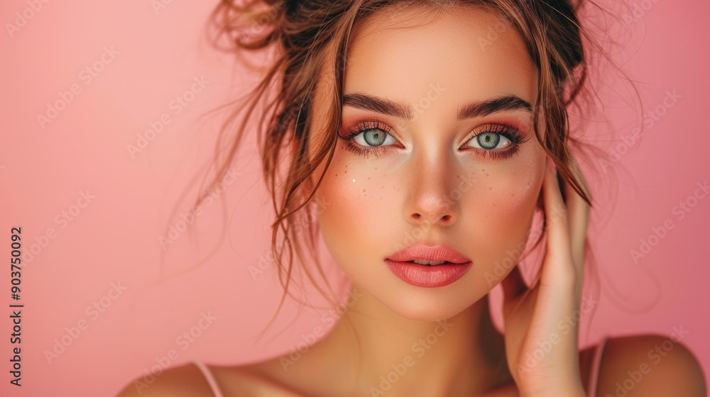 Fototapeta premium American beauty lady with curly hair on pink background