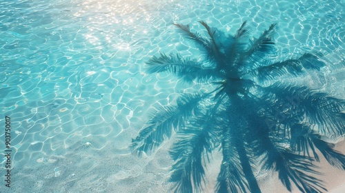 The Shadow of palm tree on swimming pool,Palm tree leaf shadow on blue wall,Minimal abstract tropical beach water with crystal clear water background,vacation banner concept.
