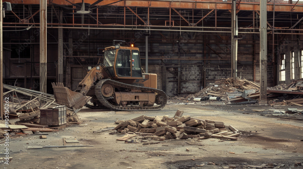 Fototapeta premium A bulldozer sits in the midst of a partially demolished building, surrounded by rubble and broken materials, capturing the essence of an unfinished project.