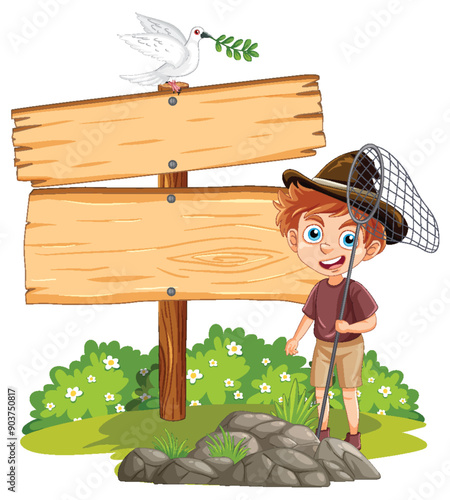 Boy with Net and Signboard