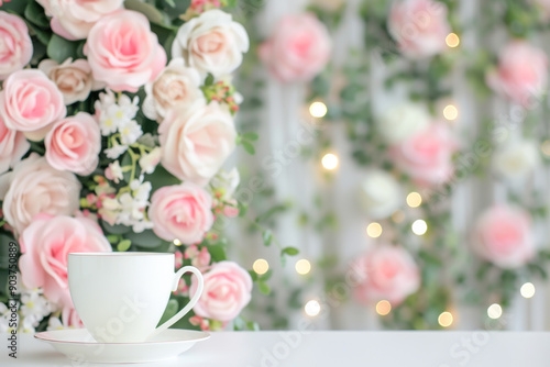 A serene setting with a white cup against a backdrop of delicate pink roses, perfect for a cozy tea time or floral themed event.