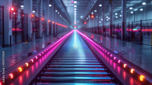 Modern factory with neon lights illuminating an empty conveyor belt, showcasing futuristic technology and efficiency in manufacturing