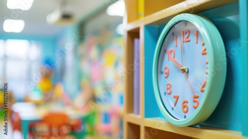 A classroom clock stands in focus against a blurred background of colorful learning materials and joyful activities