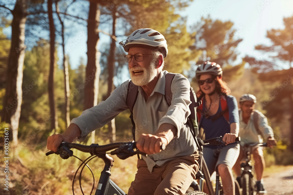 Old mature people enjoying and riding bikes together to be fit and healthy outdoors. Active seniors having fun training in nature. Generative AI . Old mature people enjoying and riding bikes together to be fit and healthy outdoors. Active seniors having fun training in nature. Generative AI .