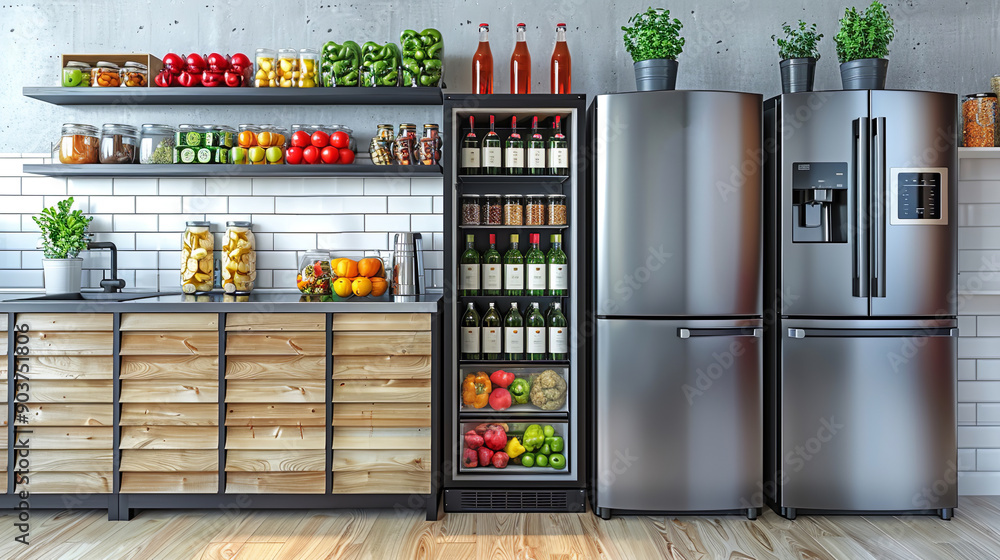 Modern refrigerator is full of healthy food and drinks in a kitchen interior with stainless steel cabinets and shelves Modern refrigerator is full of healthy food and drinks in a kitchen interior with stainless steel cabinets and shelves