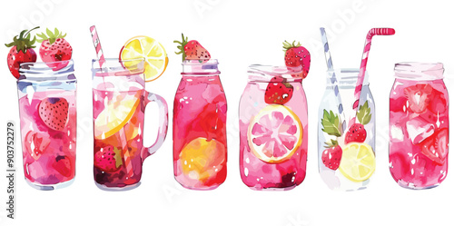 Bright and Refreshing Summer Drinks in Glass Jars, Colorful Beverage Creations with Ice on White Background - Perfect for Seasonal Menus, Party Decor, and Beverage Photography