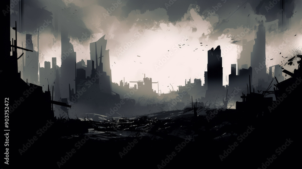 Fototapeta premium Dynamic Cityscape Silhouette with Rubble Elements