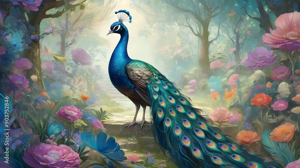 Fototapeta premium peacock, bird, animal, blue, nature, feather, head, feathers, peafowl, beautiful, beauty, wildlife, beak, green, colorful, portrait, color, plumage, tail, zoo, bright, closeup