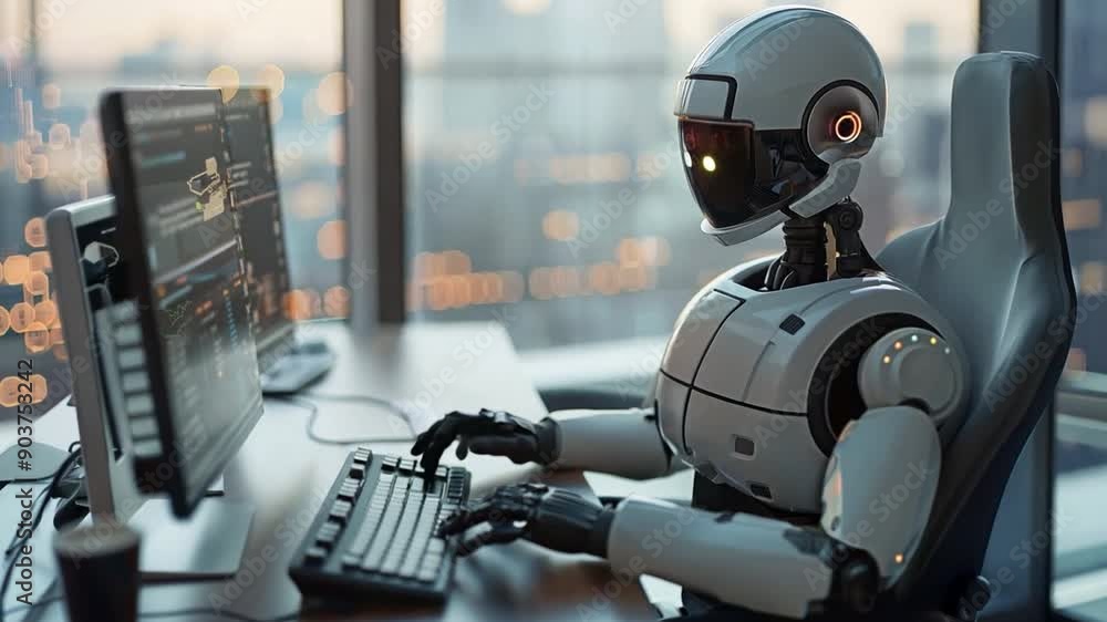 AI chatbot robot assistance utilizing a computer as artificial intelligence while seated at a desk AI chatbot robot assistance utilizing a computer as artificial intelligence while seated at a desk