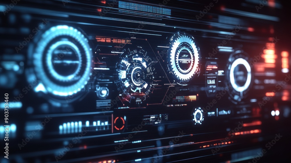 Futuristic Digital Interface with Glowing Circles and Data Displays Futuristic Digital Interface with Glowing Circles and Data Displays