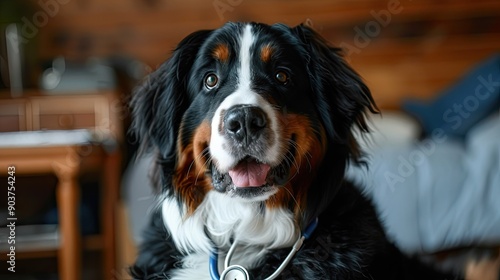 Bernese Mountain Dog Wearing Stethoscope Close Up Portrait