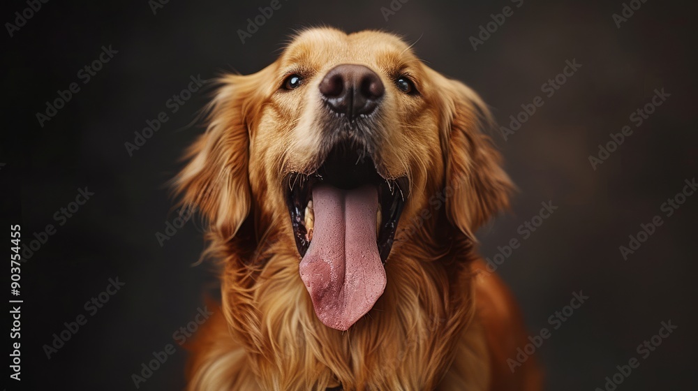 Close-up of a Golden Retriever with its tongue out, showcasing its friendly and playful nature against a dark background. Close-up of a Golden Retriever with its tongue out, showcasing its friendly and playful nature against a dark background.