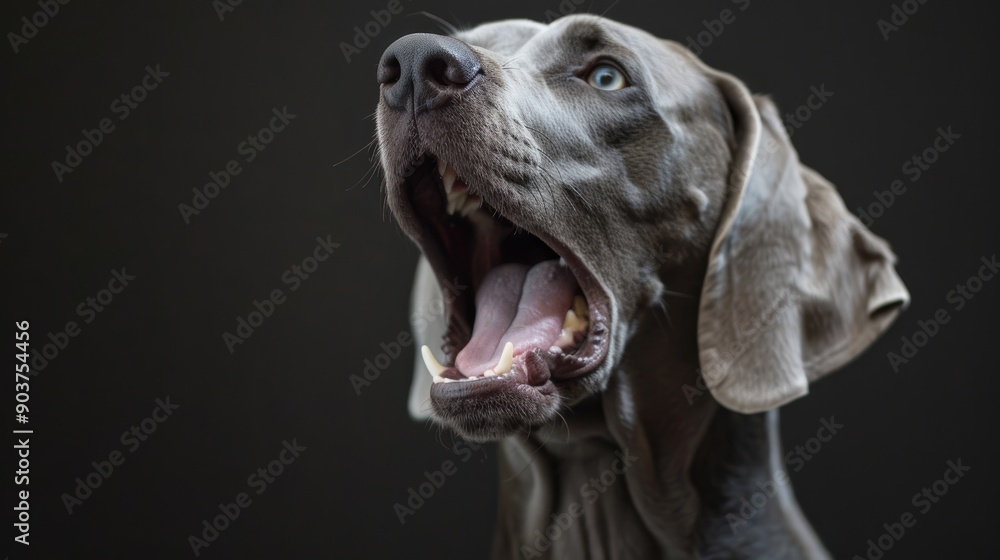 Close-up of a grey dog with an open mouth, displaying teeth and tongue against a dark background. Close-up of a grey dog with an open mouth, displaying teeth and tongue against a dark background.