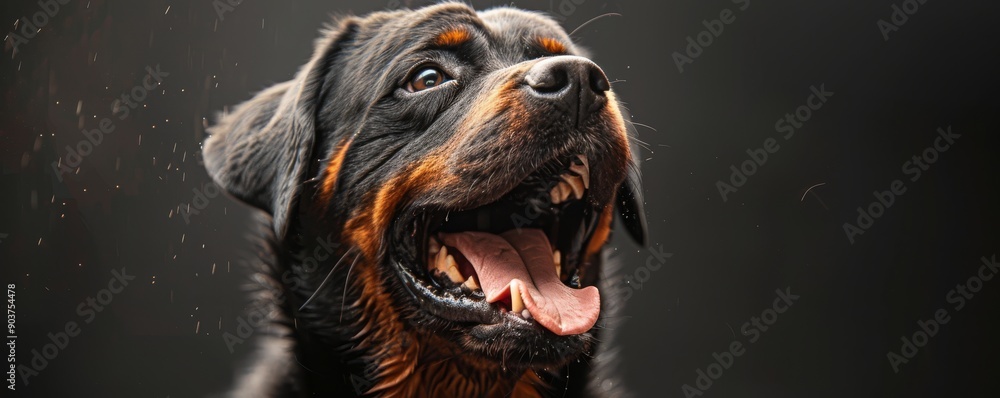 Obraz premium Close-up of a happy Rottweiler dog with its mouth open, showing teeth and tongue, against a dark background.