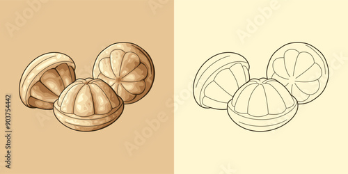 Delicious set of Kuih Bahulu. Sweet egg sponge muffin cake. Asian popular traditional snack, dessert, food. Vector illustrator design, food logo icon clipart.