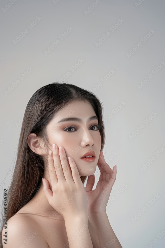 Beautiful young asian woman with long hair touching her face skin against a white background, skincare routine, gentle touch, beauty care Beautiful young asian woman with long hair touching her face skin against a white background, skincare routine, gentle touch, beauty care
