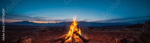 Warm campfire burning in the desert at dusk with mountains and a beautiful sky in the background. Perfect for travel and adventure themes.