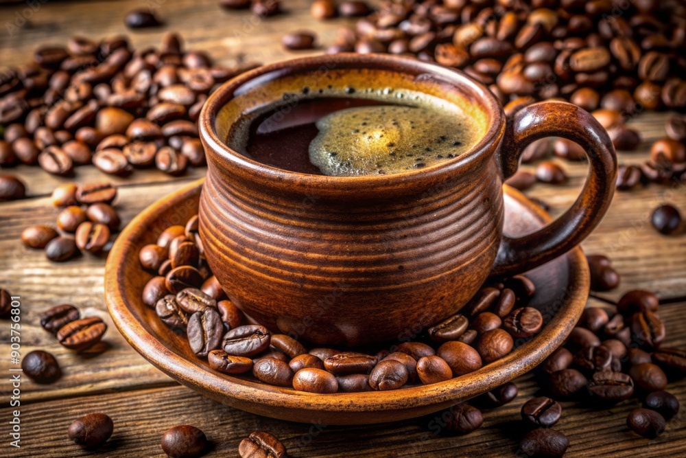 Rich aroma emanates from a simple, earthy black coffee filled to the brim in a rustic ceramic mug, garnished with whole coffee beans. Rich aroma emanates from a simple, earthy black coffee filled to the brim in a rustic ceramic mug, garnished with whole coffee beans.