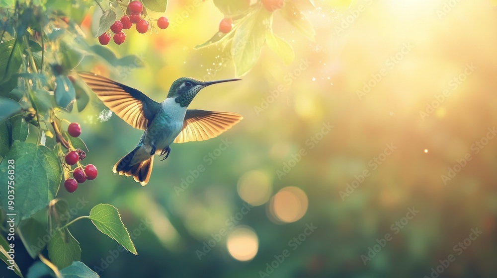 Fototapeta premium A Vibrant Hummingbird in Flight, Bathed in Golden Sunlight