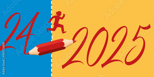 Carte de vœux 2025 symbolisant le passage à la nouvelle année avec une ligne traversée par un crayon rouge.
