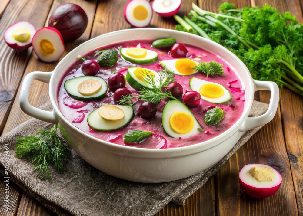 Freshly prepared cold summer soup with beets, cucumbers, and eggs in a white casserole dish, beautifully arranged on a wooden table with copy space. Freshly prepared cold summer soup with beets, cucumbers, and eggs in a white casserole dish, beautifully arranged on a wooden table with copy space.