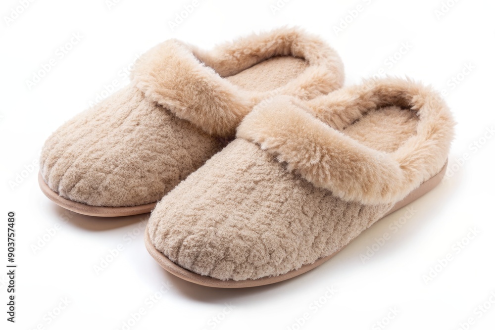 Cozy pair of soft, plush slippers with fuzzy texture and gentle curves, isolated on a clean and crisp white background, awaiting relaxation. Cozy pair of soft, plush slippers with fuzzy texture and gentle curves, isolated on a clean and crisp white background, awaiting relaxation.