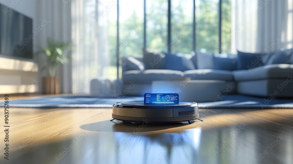 Robotic Vacuum Cleaner on Hardwood Floor with Display Robotic Vacuum Cleaner on Hardwood Floor with Display