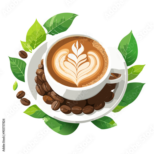 cup of coffee with leaves and beans