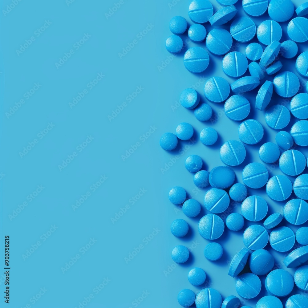 A vibrant collection of blue pills scattered on a blue background. A vibrant collection of blue pills scattered on a blue background.