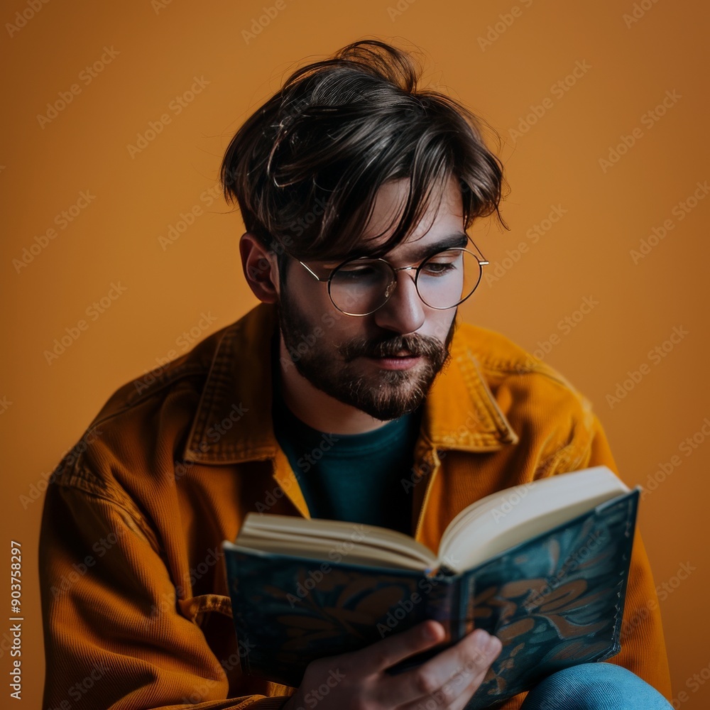Young Caucasian man reading a book, wearing glasses, in a trendy golden-yellow sweater against a warm orange background. Young Caucasian man reading a book, wearing glasses, in a trendy golden-yellow sweater against a warm orange background.