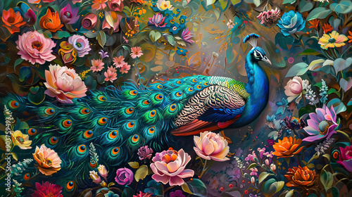 Peacock Flaunting Its Iridescent Feathers in a Vibrant AI Generative
