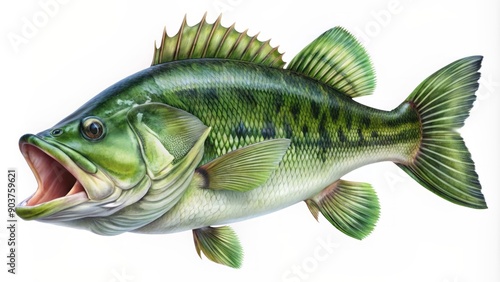 Large, vibrant largemouth bass fish with greenish-gray scales and prominent lateral line, isolated on a transparent background, showcasing its textured fins and gills. photo