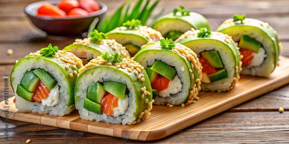 Freshly prepared sushi rolls filled with ripe avocado slices, cucumber, and salmon sashimi, garnished with sesame seeds and wasabi, on a natural wood background. Freshly prepared sushi rolls filled with ripe avocado slices, cucumber, and salmon sashimi, garnished with sesame seeds and wasabi, on a natural wood background.