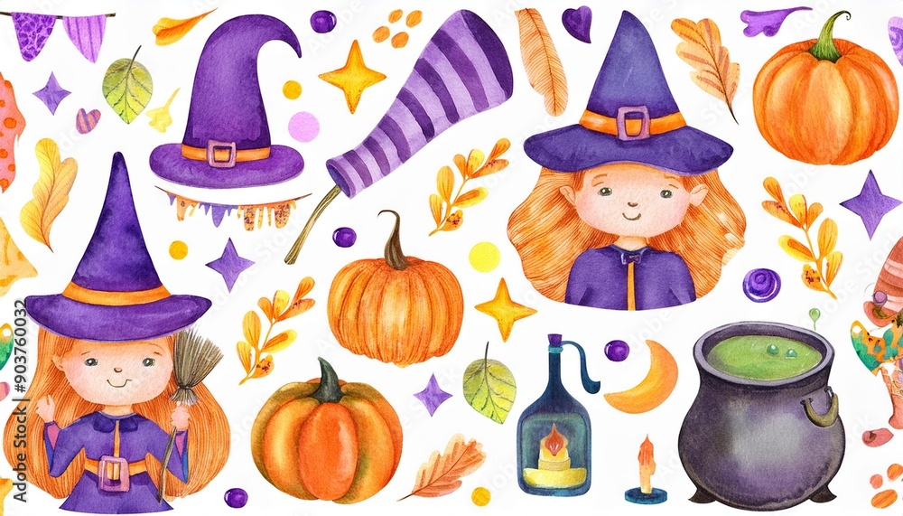 Set of cute watercolor Halloween's Day elements. Isolated on white background. Can be used for Halloween's day, greeting cards and invitations. Hand drawn watercolor illustration. Set of cute watercolor Halloween's Day elements. Isolated on white background. Can be used for Halloween's day, greeting cards and invitations. Hand drawn watercolor illustration.